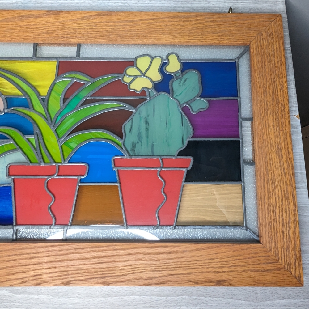 Vintage Wood Framed House Plants Large Stained Glass - Picture 9 of 14